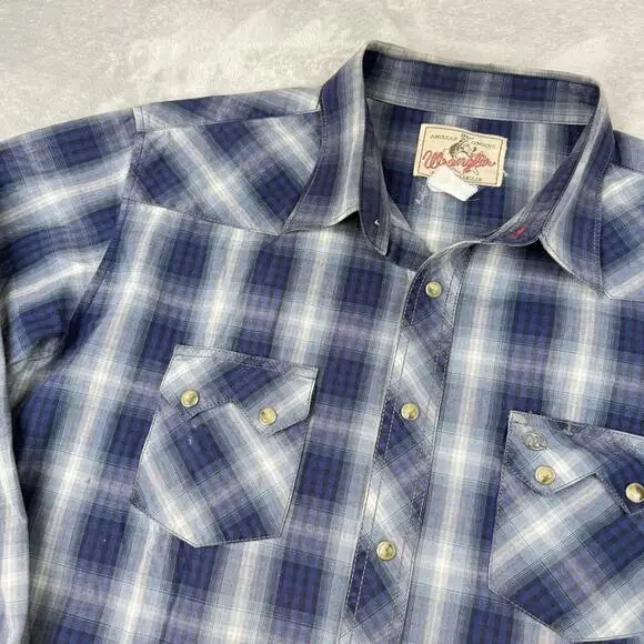 Vintage Wrangler Western Plaid Snap Button Shirt Blue Cowboy Workwear Men Size L - Picture 9 of 9